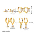 Four pairs of women's geometric square earrings with gold electroplated finish and zircon detailing