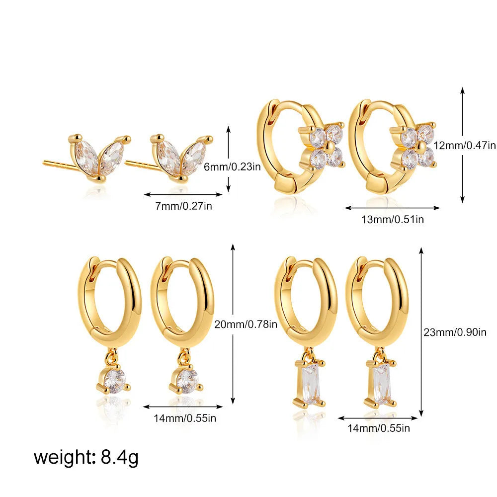Four pairs of women's geometric square earrings with gold electroplated finish and zircon detailing