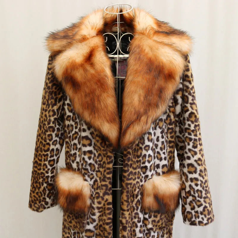 Women's leopard print artificial fur jacket showing 80cm length and regular sleeve design