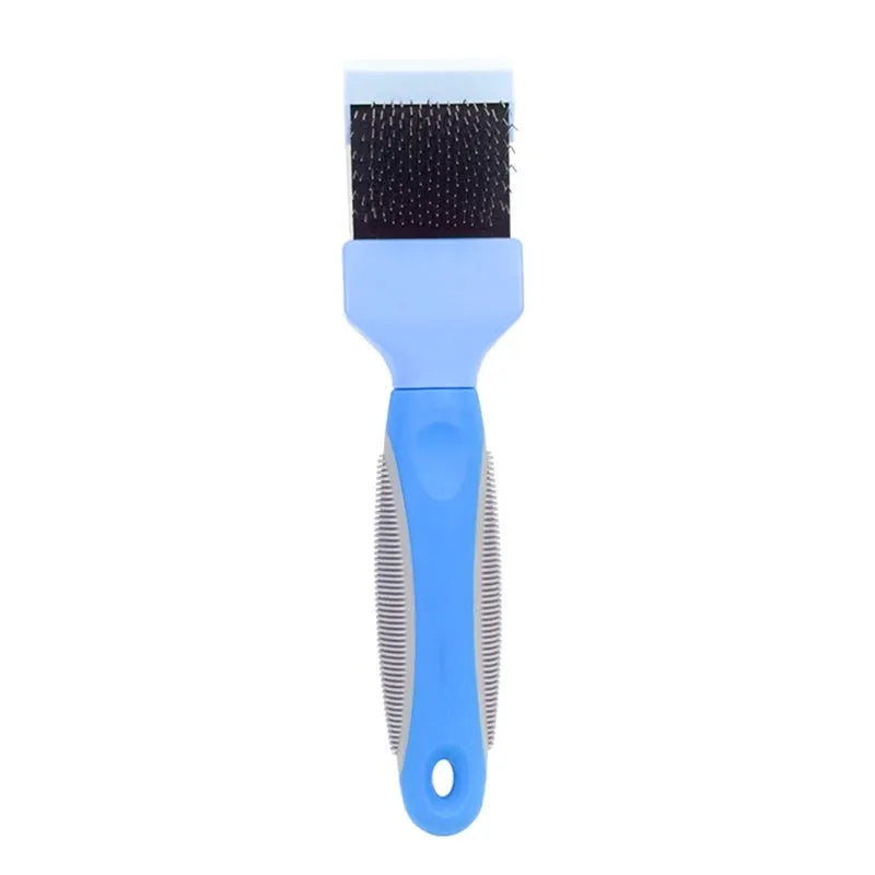 Blue double-sided pet brush with stainless steel pins and ergonomic handle on a white background.