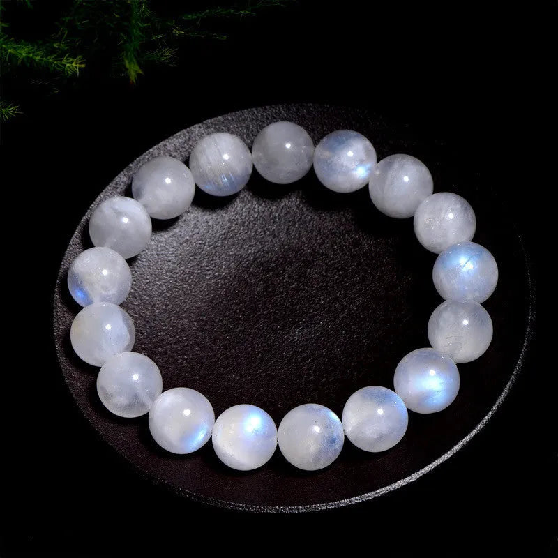 Natural blue moonlight round bead moonstone bracelet with polished white geometric beads