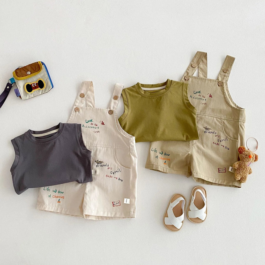 Baby cotton sleeveless t-shirt and suspender pants set in Korean style with cartoon element, available in dark gray avocado green warm apricot khaki green