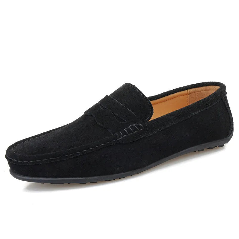 Men's solid-colour suede slip-on loafers with round toe and rubber sole