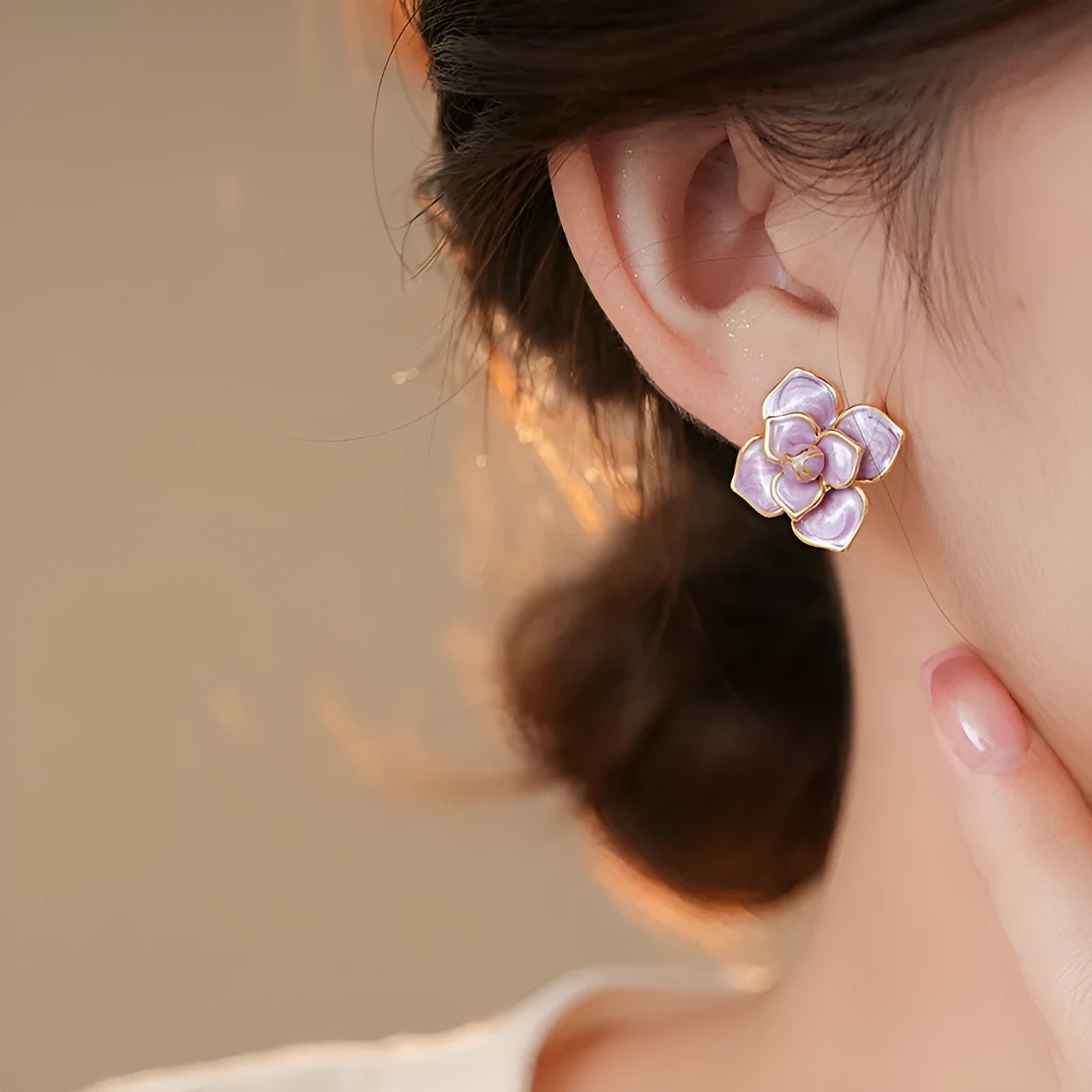 Purple oil-spot glaze flower stud earrings with gold-plated silver needle detailing on copper base