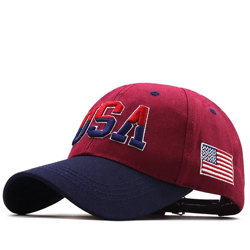 Cotton baseball cap with USA embroidery, adjustable fit, available in navy blue