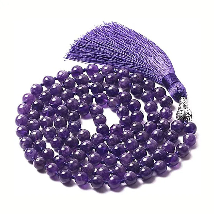 Long multi-strand agate tassel necklace with geometric pattern of amethyst, lapis lazuli, and blue stone beads.