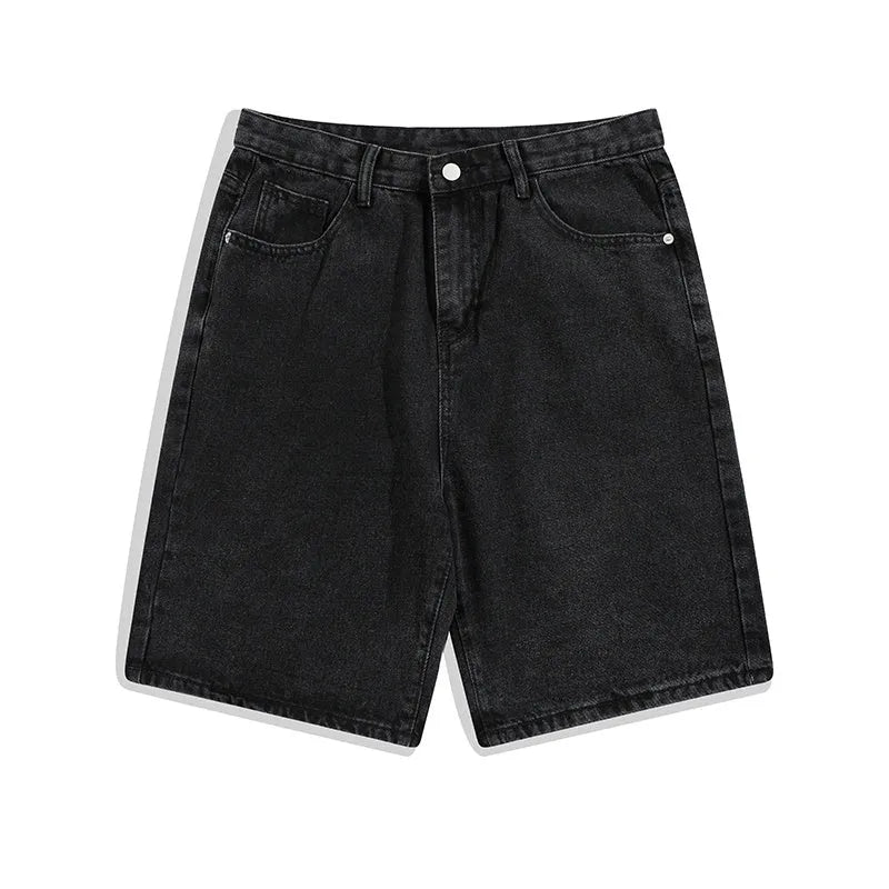 Men's light blue denim casual shorts with five pockets and straight leg on a white background.