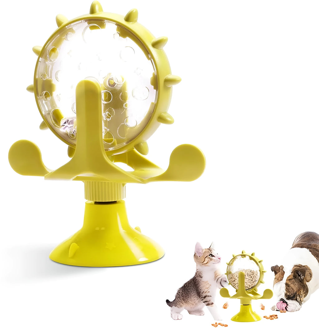 Interactive pet puzzle feeder with colourful spinner and suction cup base for cats and small dogs