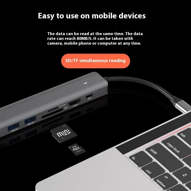 LQT-LH07 7-in-1 USB-C multiport hub with card reader, HDMI, Ethernet, and USB ports.