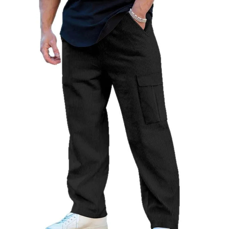 Men's corduroy cargo trousers in straight-leg design with micro-elastic waist and drawstring closure