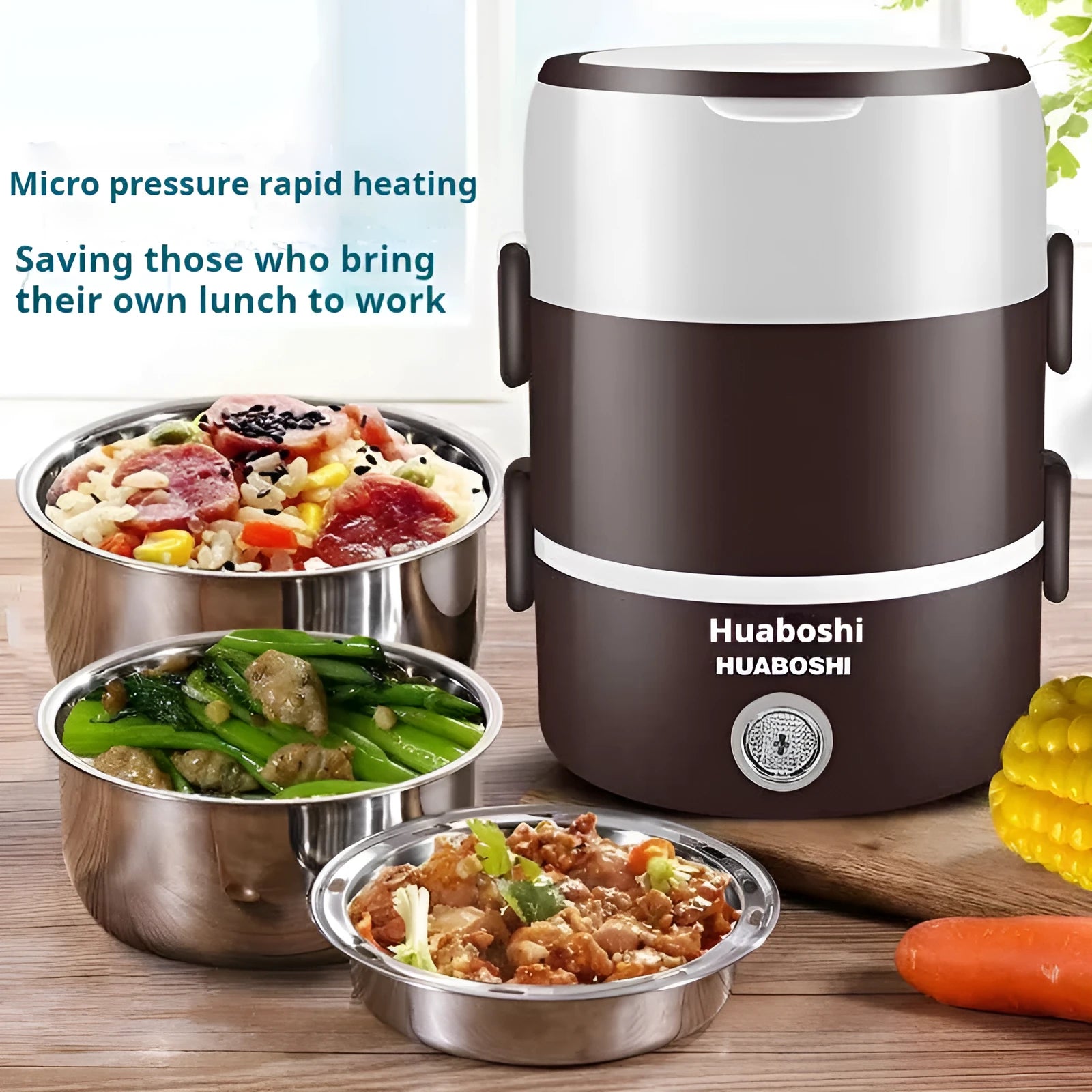 Portable plug-in insulated lunch box with stainless steel inner liner, double layer pink colour, and mains power cord