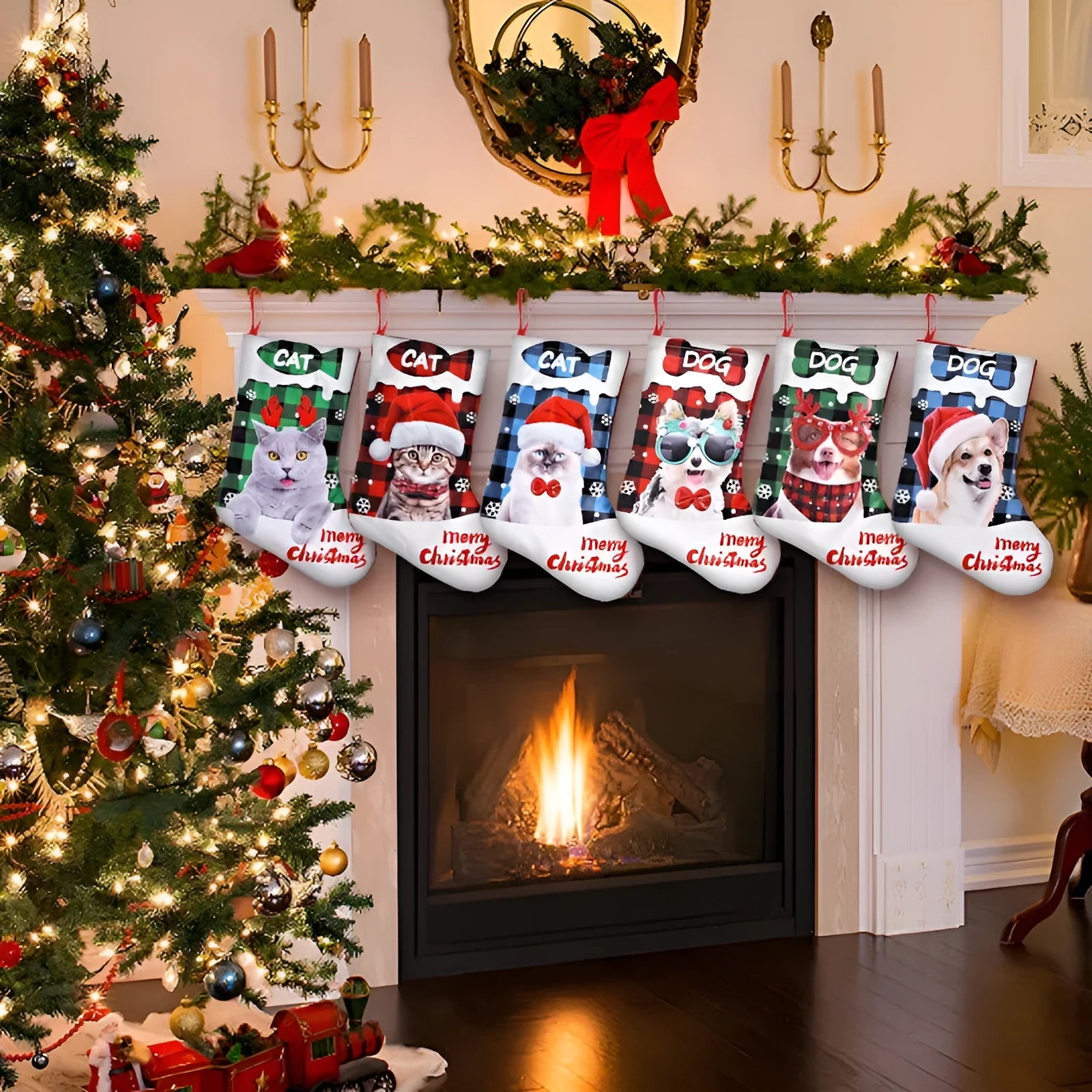 Printed puppy and cat Christmas table decoration cloth in tartan plaid patterns measuring 26x36cm