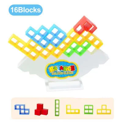 Colourful plastic balance stacking game with 16 blocks, chassis and base for family play