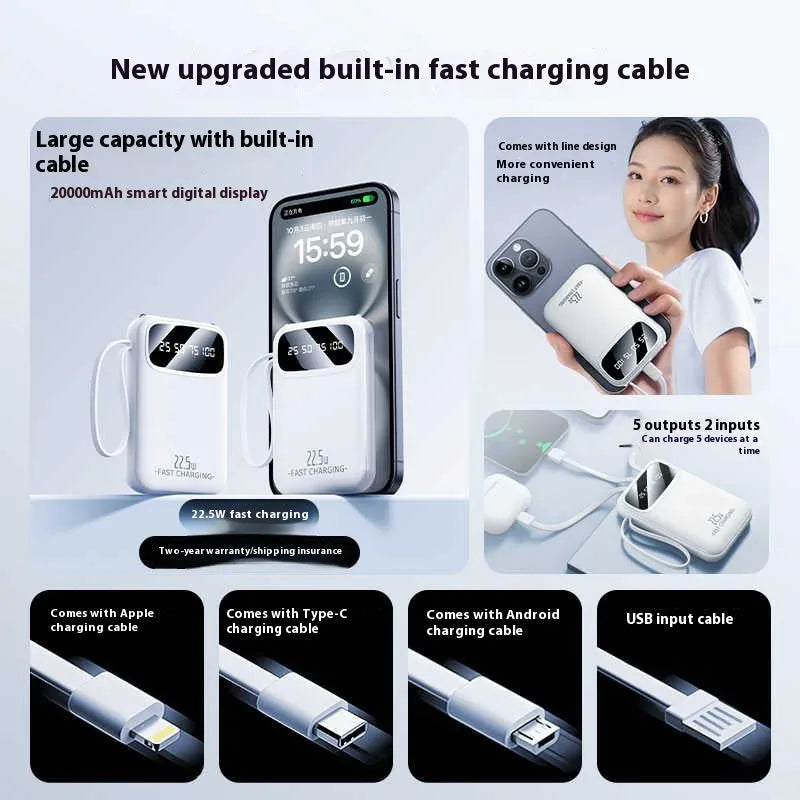 Compact portable power bank with built-in cable, LCD display, and 22.5W fast charging in Moon White