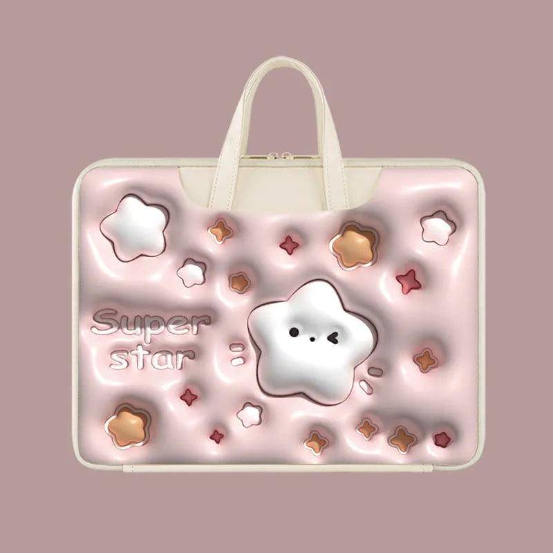 PU leather inflatable laptop bag with cartoon design, shown hanging from a suitcase handle.