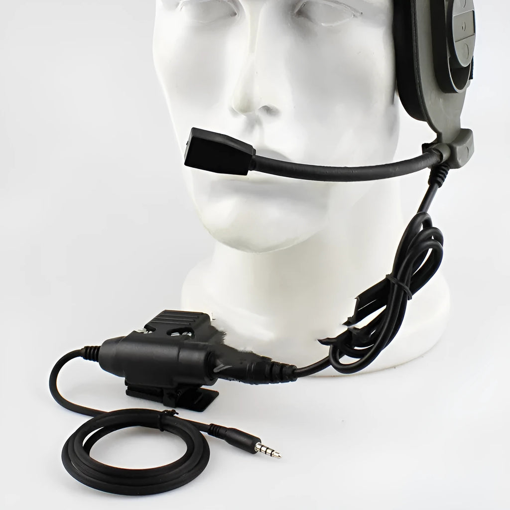 Black outdoor tactical headset with ABS construction and cable for radio connection