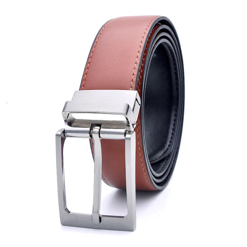 Men's dark brown genuine leather belt with a silver rotating pin buckle laid flat.