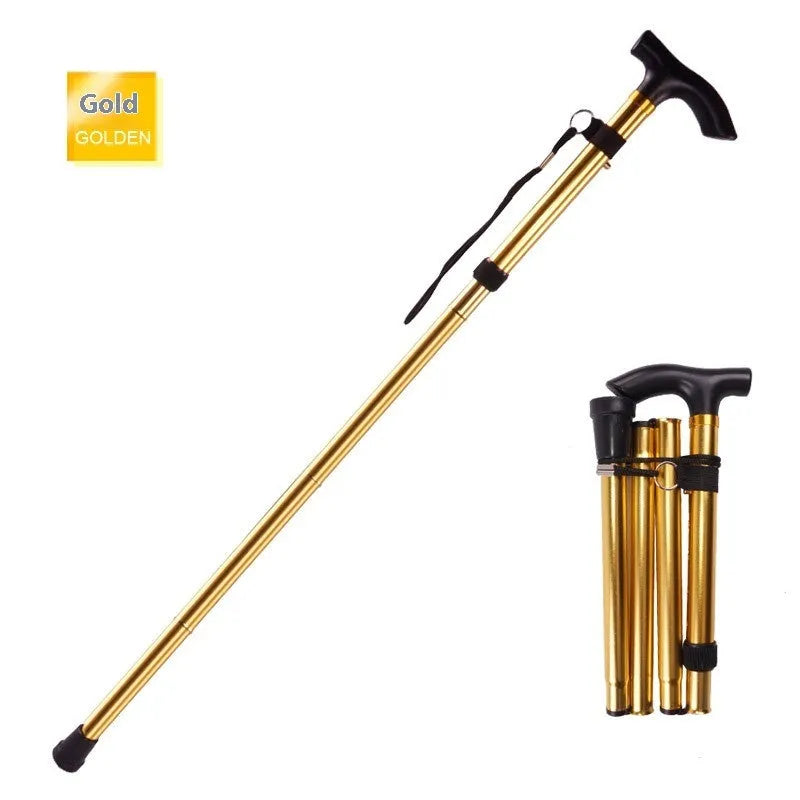 Aluminum folding walking cane extended to show adjustable shaft and rubber tip