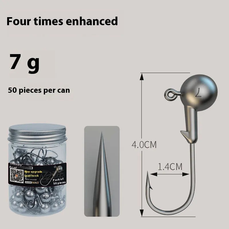 Enhanced jig hooks fishing tackle set with 50 pieces showing 4 times stronger construction in 7G size