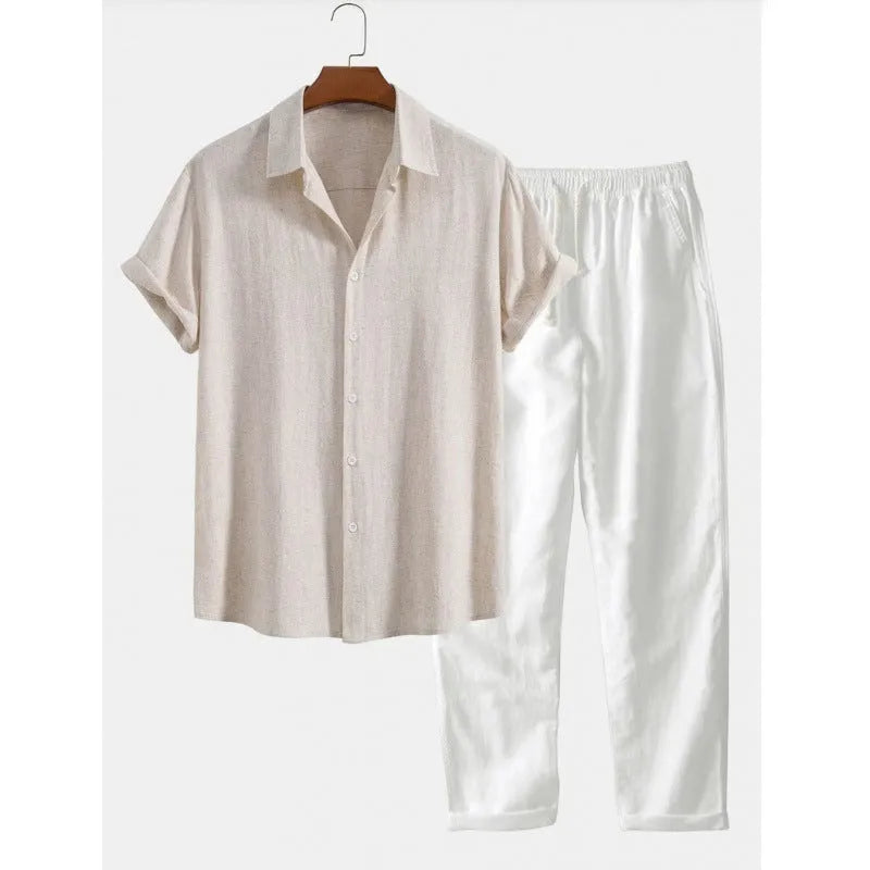 Men's loose fit casual short sleeve shirt and trousers set in linen-look fabric