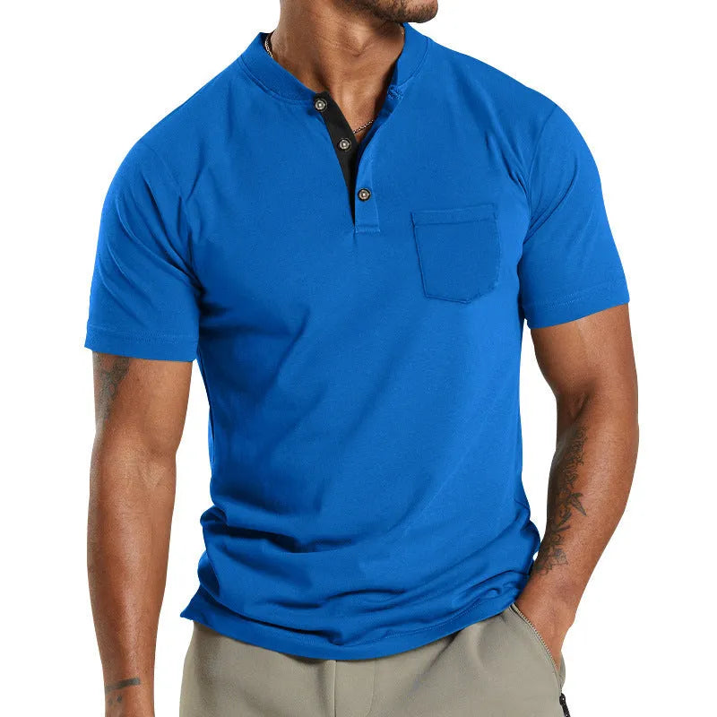 Plus size man wearing a light grey short sleeve casual shirt with a button chest pocket.