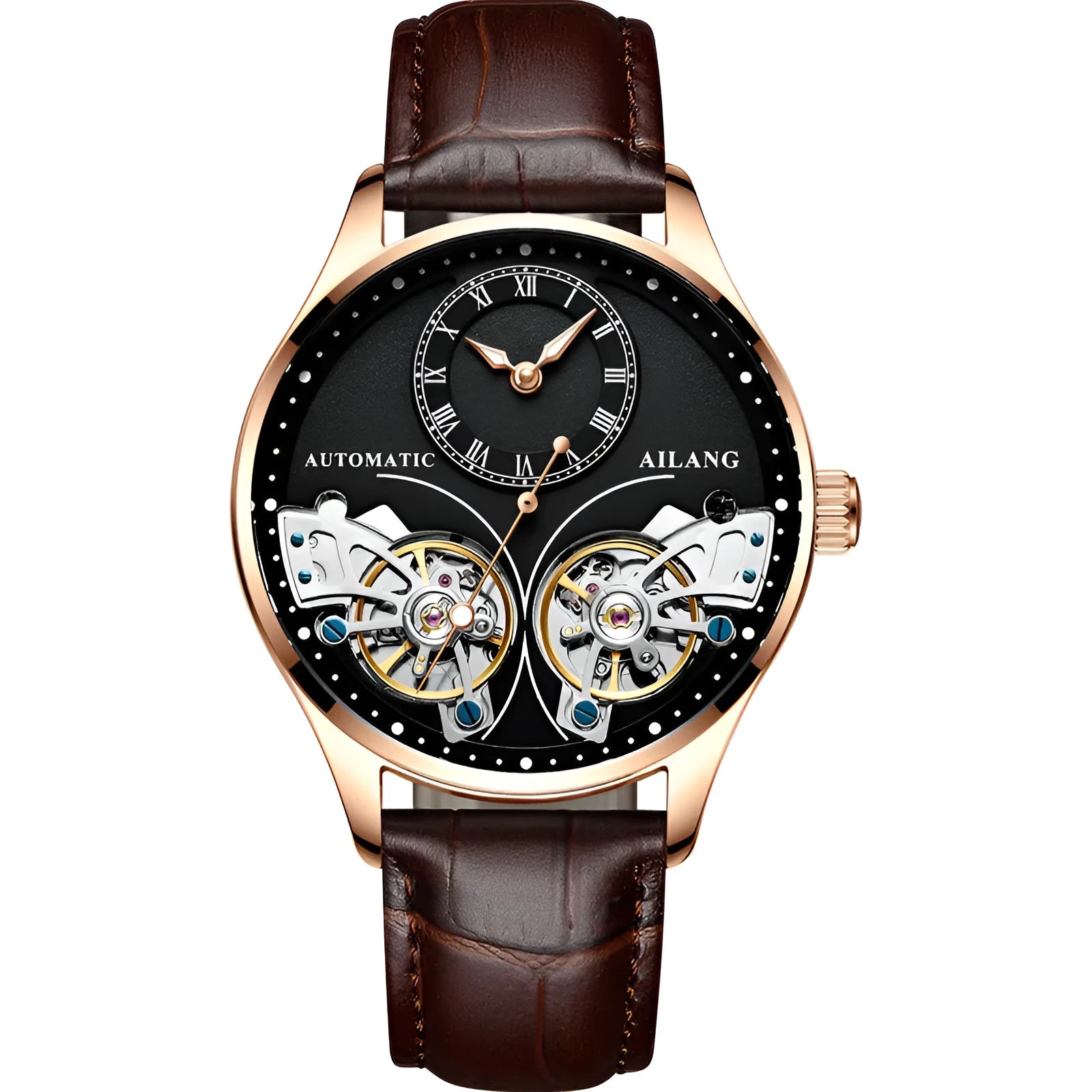 Men's automatic watch with tourbillon and moon phase complications in black steel case