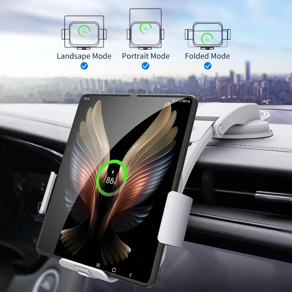 Grey and white car mobile phone holder with folding screen and wireless charging bracket on dashboard