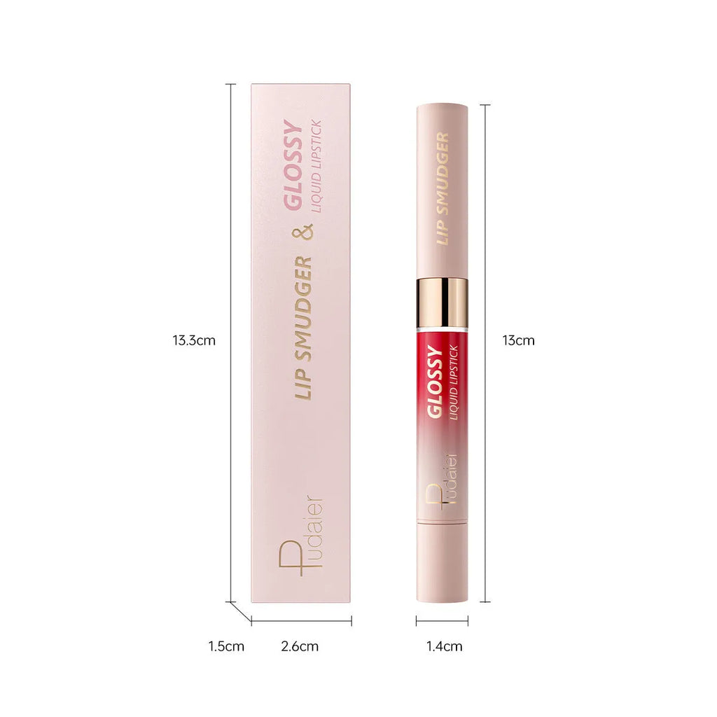 Double-headed lipstick showing matte bullet on one end and gloss applicator on the other in one of 10 available colours