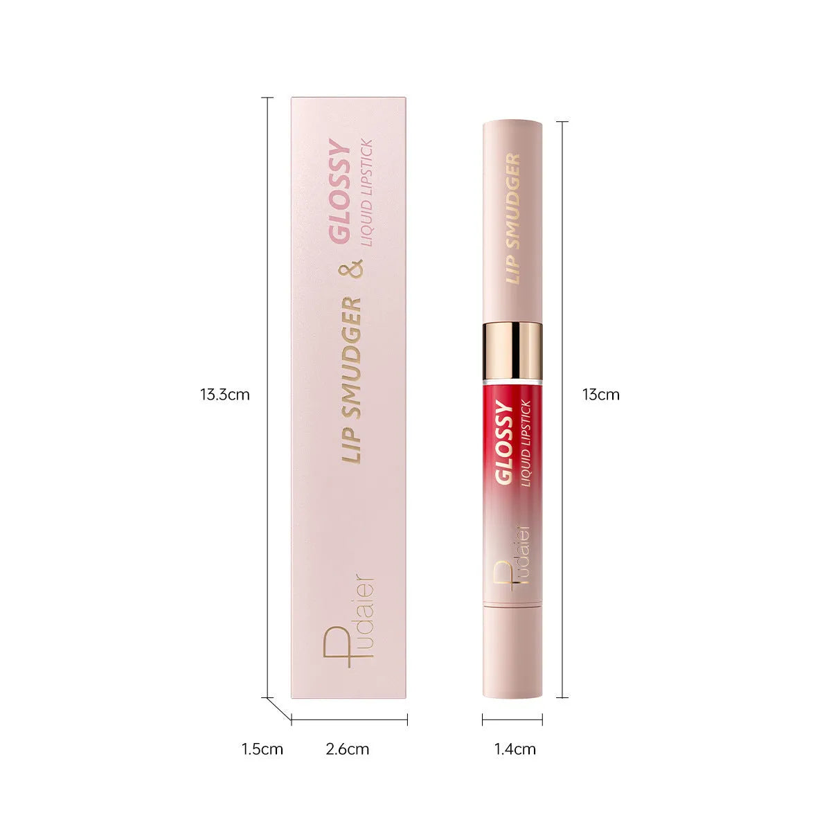 Double-headed lipstick showing matte bullet on one end and gloss applicator on the other in one of 10 available colours