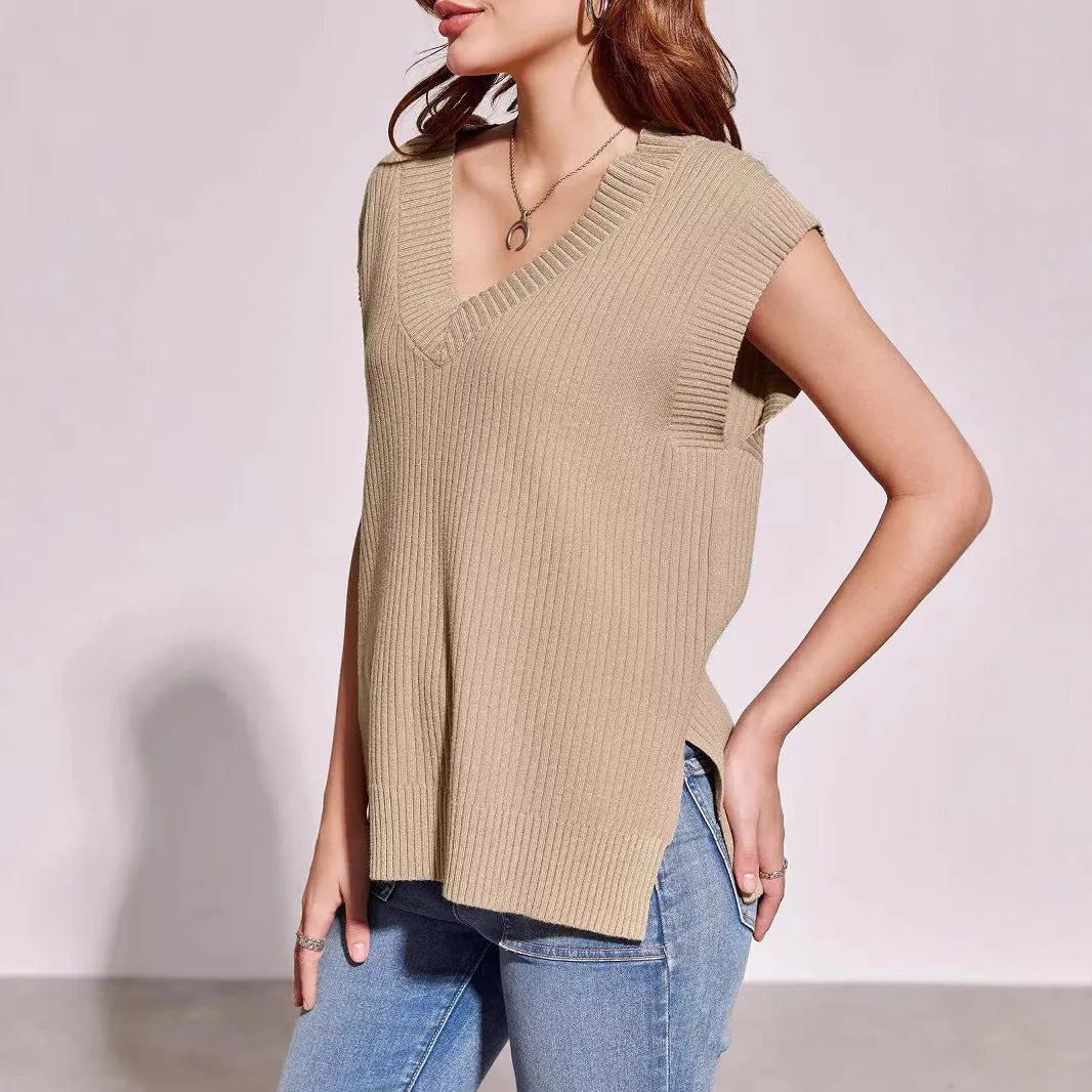 Camel and white v-neck sleeveless loose vest with striped or plaid pattern