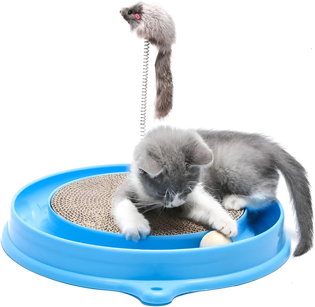 Blue circular cat scratcher with ball track and replaceable centre scratching pad