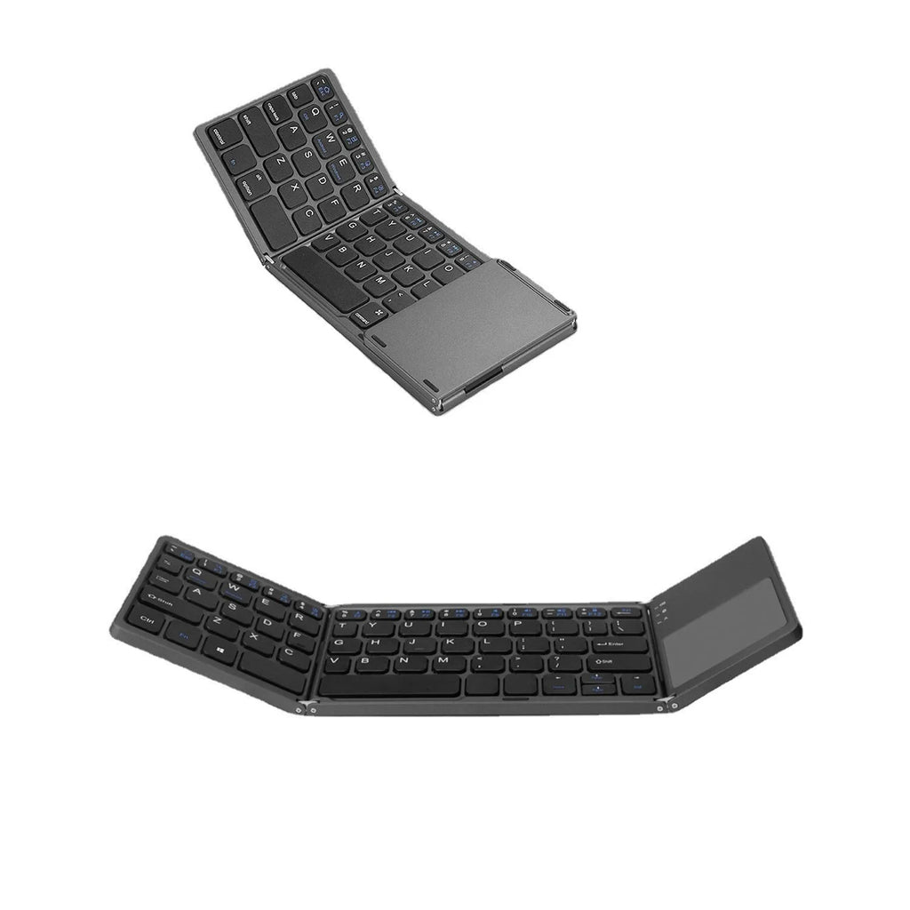 Tri-fold Bluetooth keyboard shown in black and silver colours with compact folded design