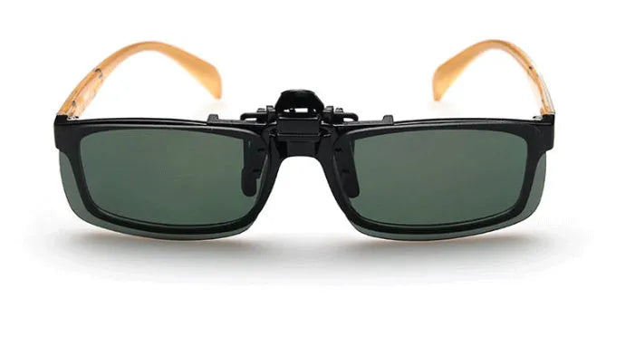 Clip-on sunglasses for prescription glasses in large and small PC frame sizes with grey, green, and night vision lenses