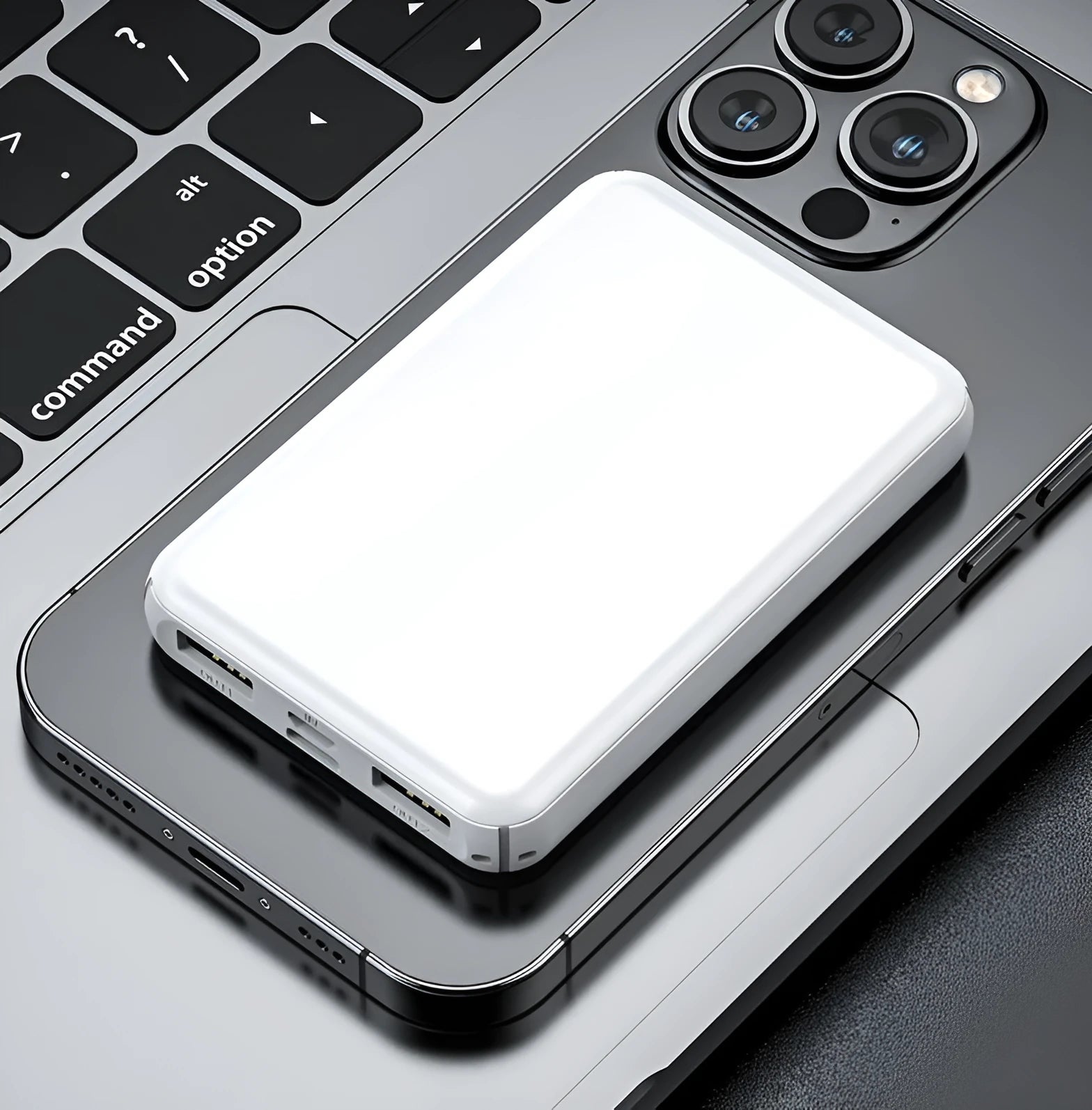 Black and white electric heating vest power bank showing compact 97mm by 64mm size.