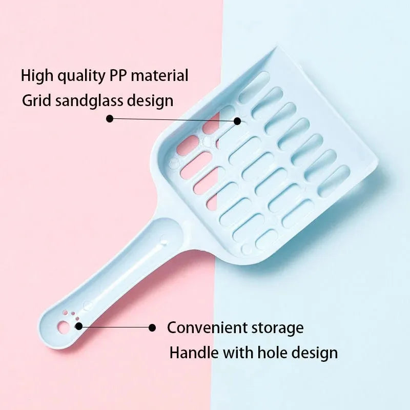 Blue plastic cat litter scoop with a long handle and perforated sifting head on a white background.
