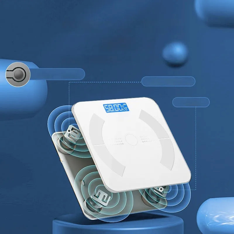 Smart Bluetooth body fat scale in white measuring weight, fat, calories and moisture