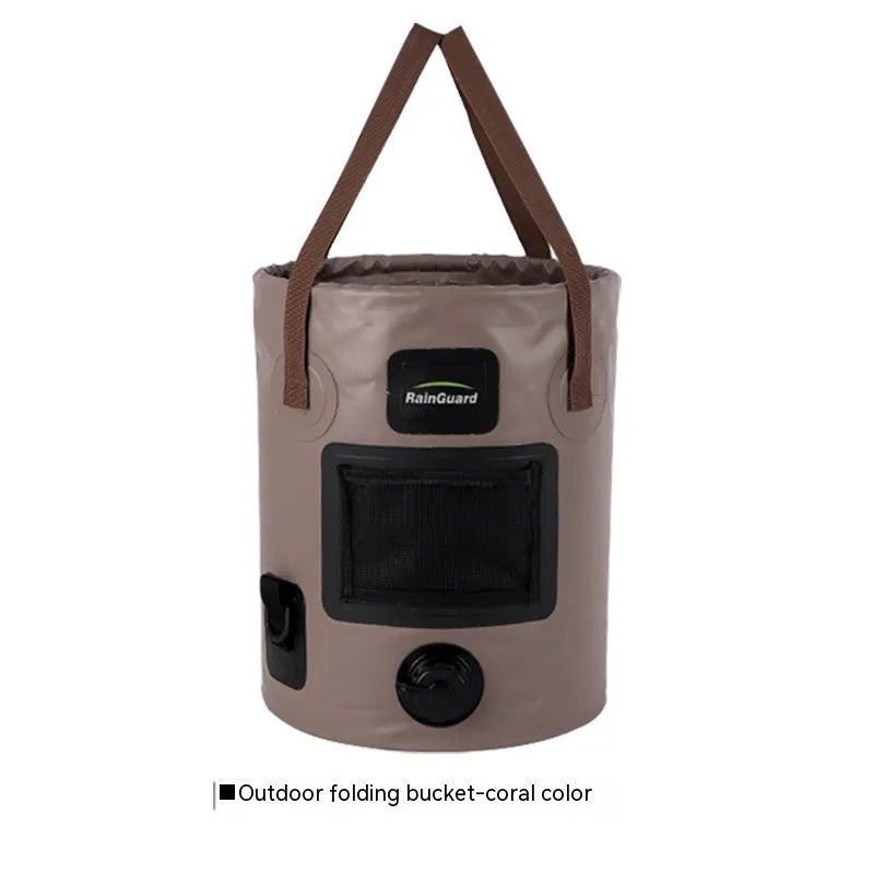 Plastic folding fishing bucket showing collapsible design and colour options with optional net pocket
