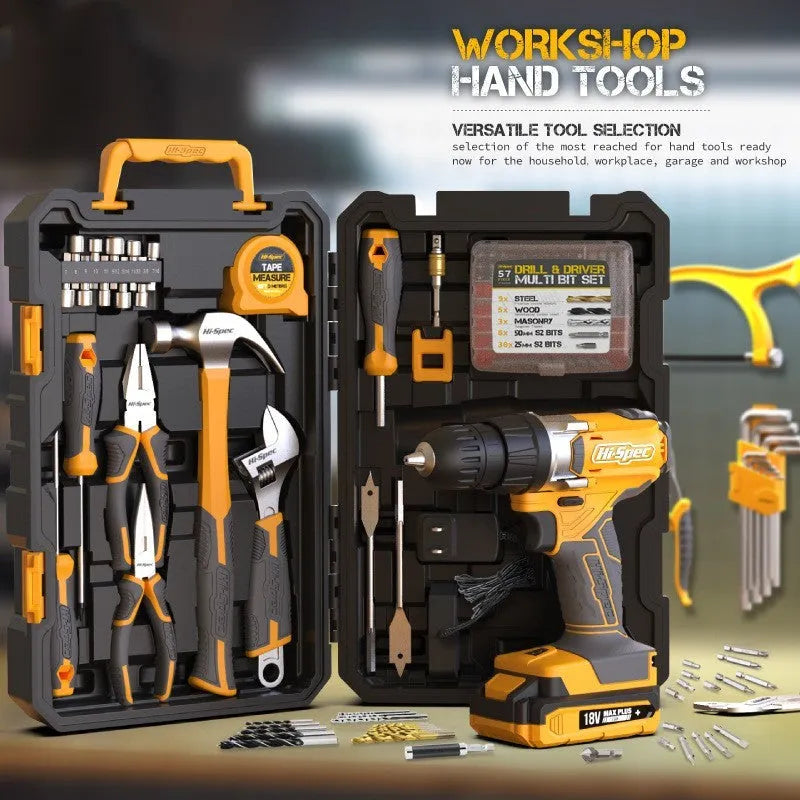 82-piece hardware tool combo set in grey yellow storage case with chrome-vanadium steel tools for furniture installation