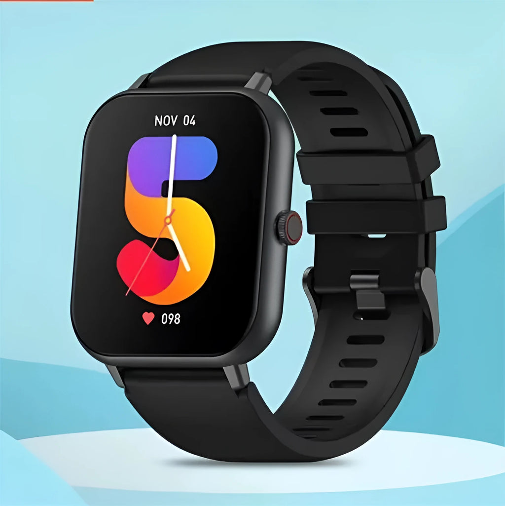 Bluetooth smart watch with heart rate monitor on wrist in black, pink, or silver grey colour.