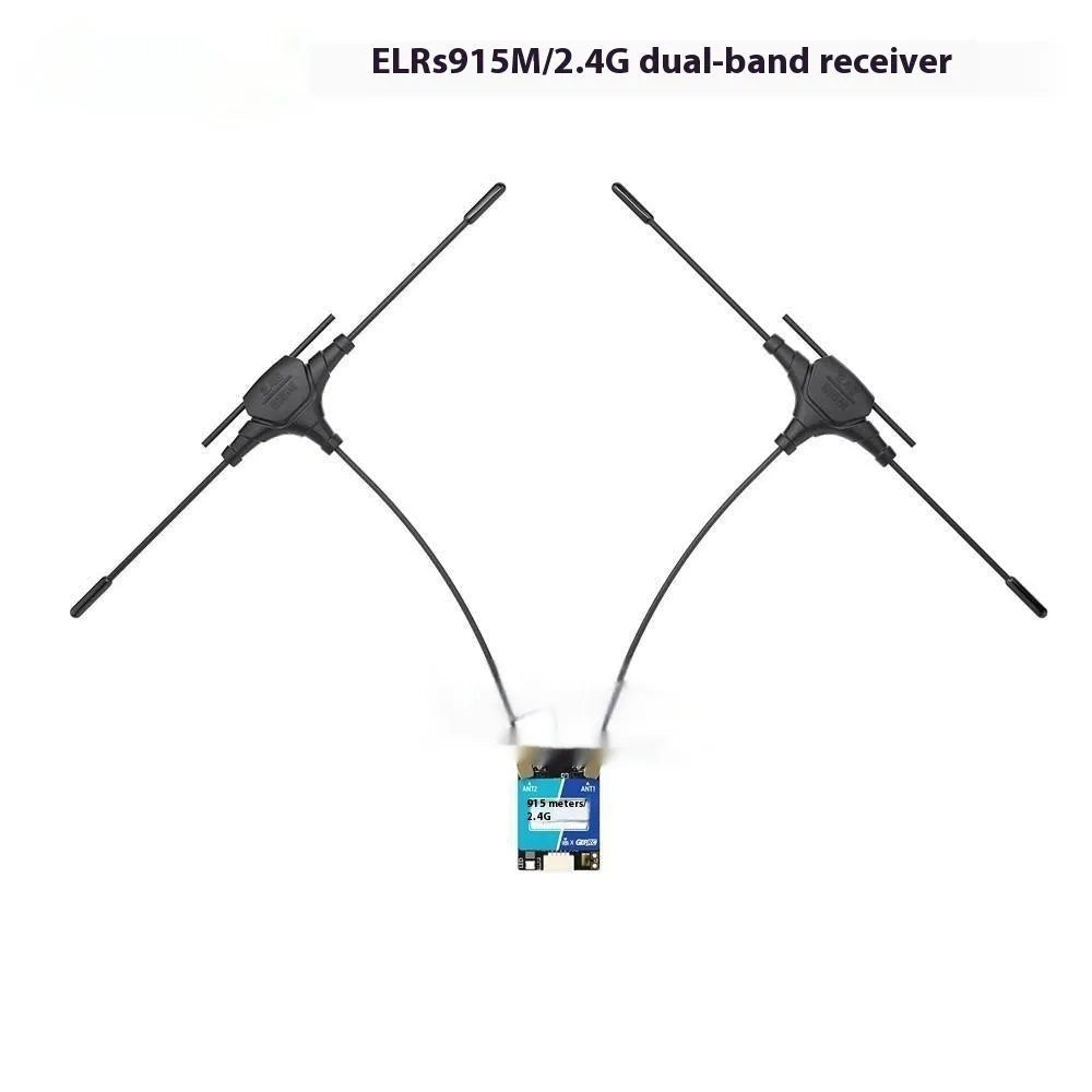 ELRS dual-frequency FPV drone receiver kit with metal base plant, two T-shaped antennas, and silicone connecting wire.
