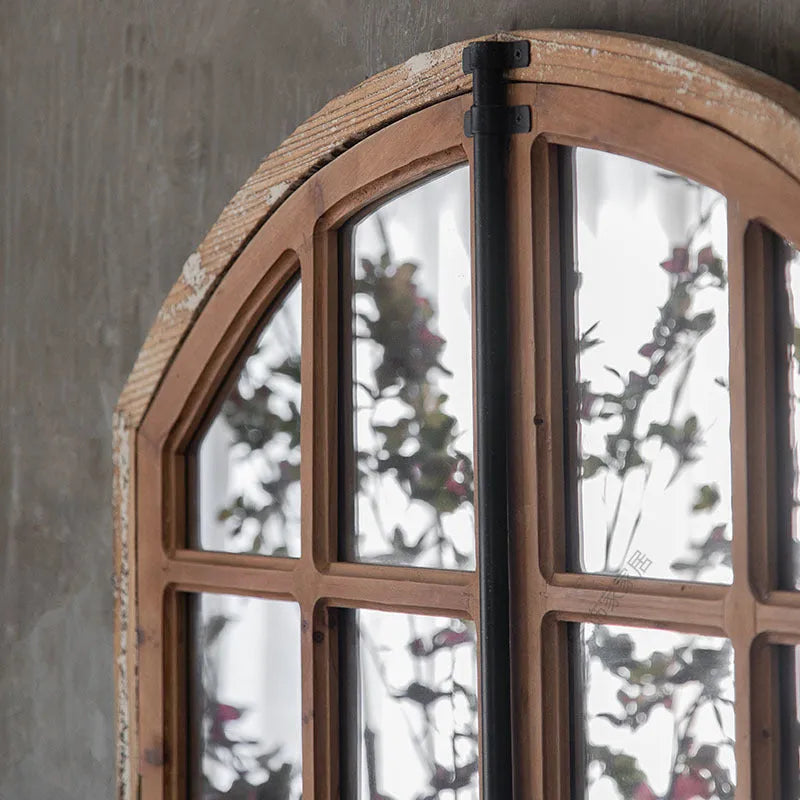 Terrace log colour wooden frame fake window wall mirror on a plain wall.