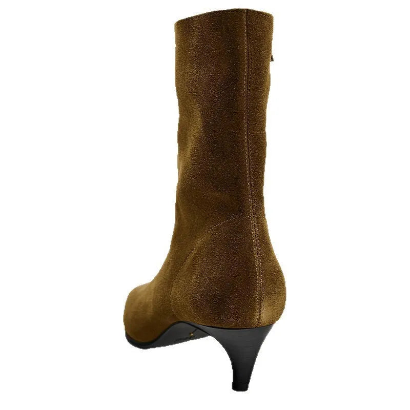 Brown square toe ankle boot with side zip and a mid-height stiletto heel on a waterproof platform sole.