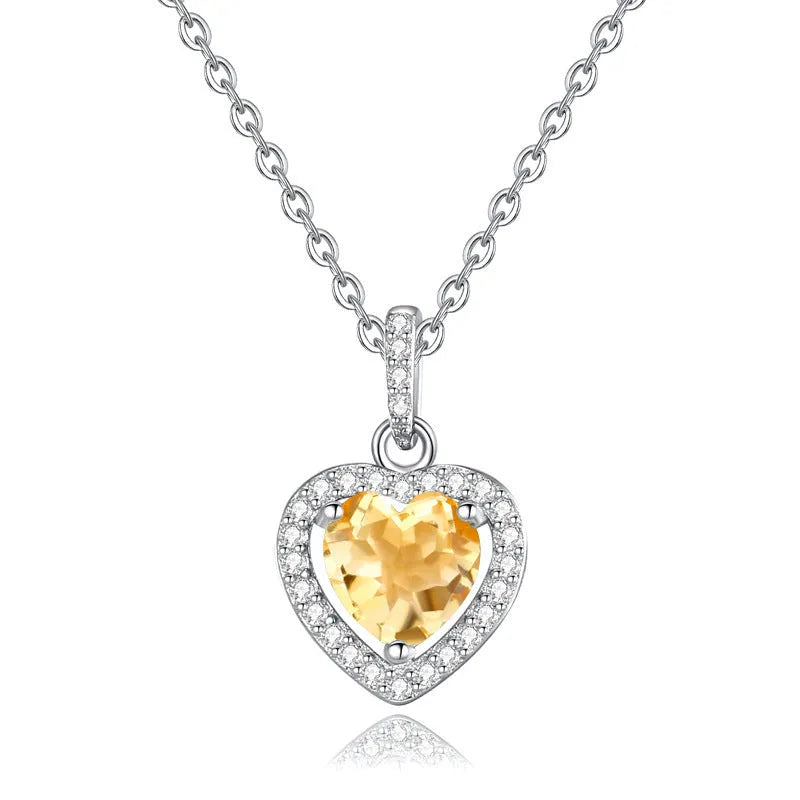 S925 sterling silver heart necklace with inlaid natural gemstone pendant on adjustable cross chain
