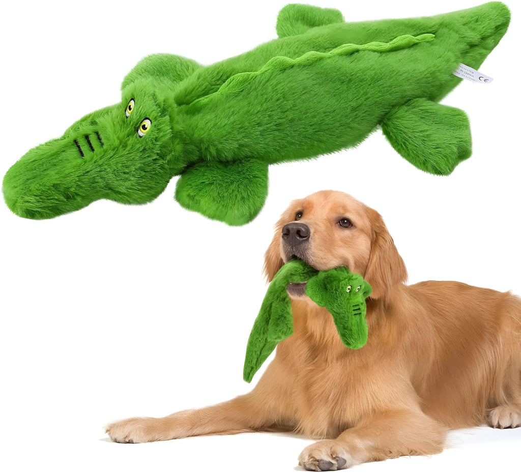Green crocodile-shaped plush dog toy with no-stuffing construction for safe chewing
