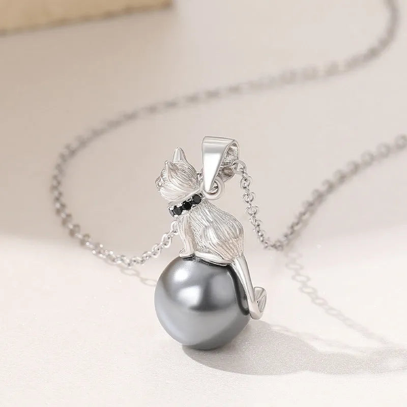 925 sterling silver cat pendant necklace with electroplated finish in clavicle length