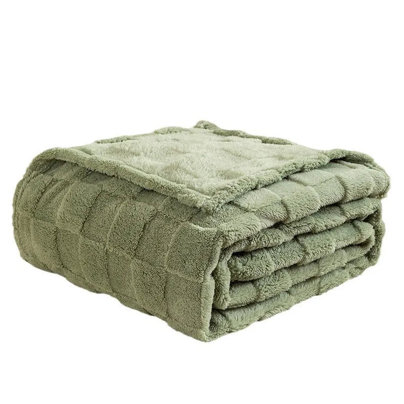 Geometric pattern polyester blanket in milky white colour showing thickened texture