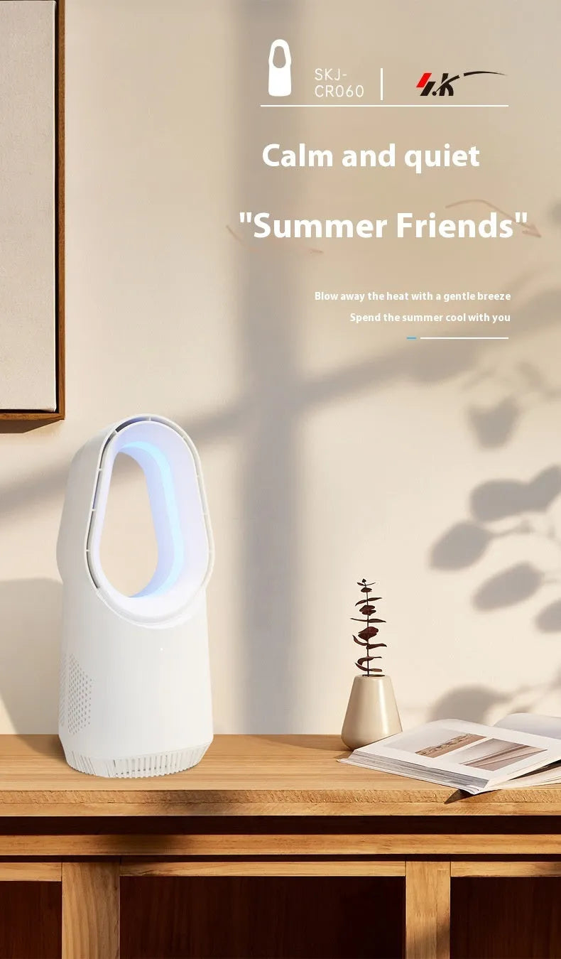 White SK bladeless tower fan with remote control on a desk