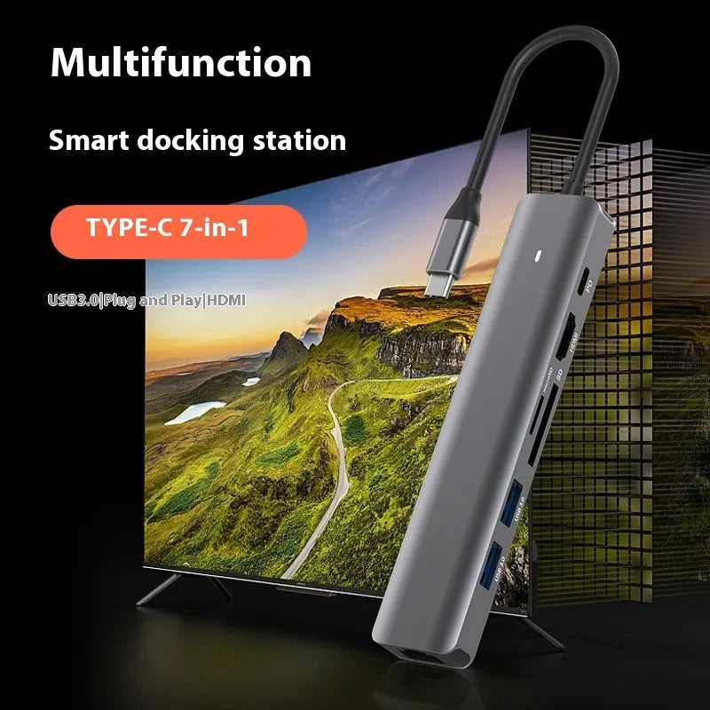 LQT-LH07 7-in-1 USB-C multiport hub with card reader, HDMI, Ethernet, and USB ports.