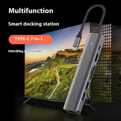 LQT-LH07 7-in-1 USB-C multiport hub with card reader, HDMI, Ethernet, and USB ports.