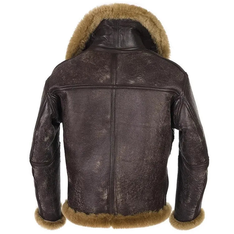 Men's brown synthetic fur coat with vintage styling and medium length design